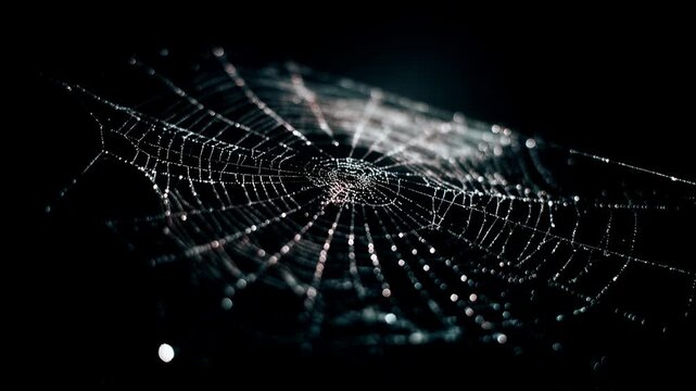 Intricate spider web glistening with morning dew drops in dark background. Macro view of a delicate spiderweb covered in tiny water droplets, sparkling against a dark, blurred backdrop