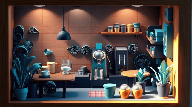 Cozy miniature kitchen scene. Warm lighting highlights coffee setup, plants, shelves. Detailed, stylized room interior.