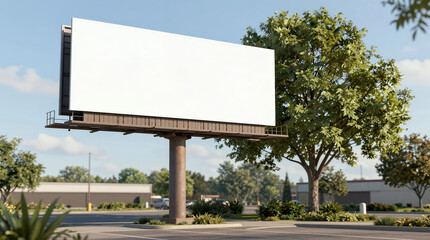 Fototapeta premium Realistic Outdoor Billboard Display with Green Trees and Blue Sky Background