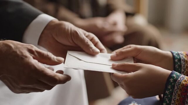 Close-up of hands exchanging an envelope, symbolizing a transaction or gift
