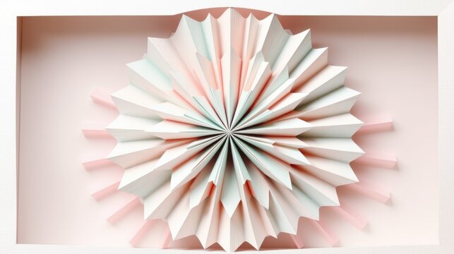 Paper rosette inside white frame. Soft pink, pale blue hues create delicate floral effect. Minimalist design, pleasing symmetry.