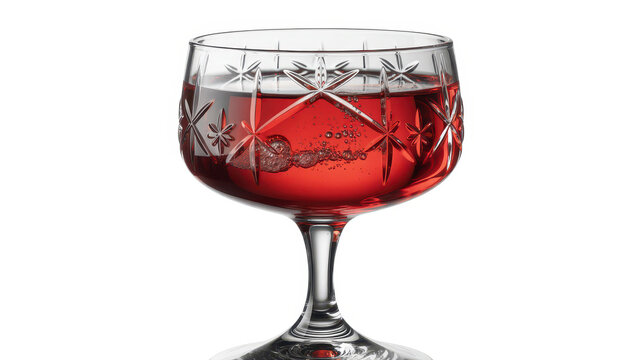 Crystal stemware with star motifs filled with red drink on a white background