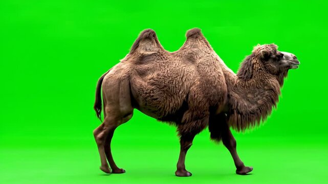 A majestic two-humped Bactrian camel walks across a bright green screen, ideal for VFX projects and seamless integration into various scenes.