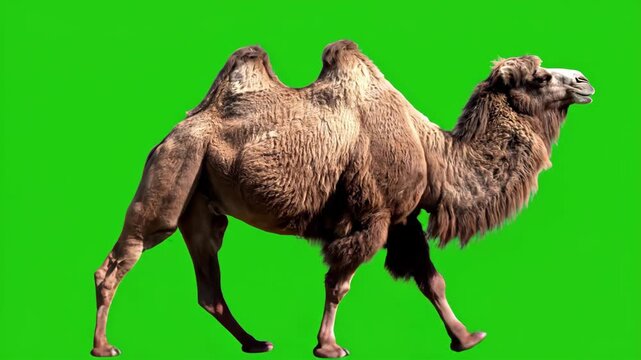 A majestic two-humped Bactrian camel walks gracefully on a bright green screen. Ideal for visual effects and compositing.
