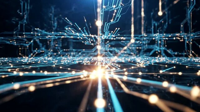 Abstract glowing network connections in digital space.