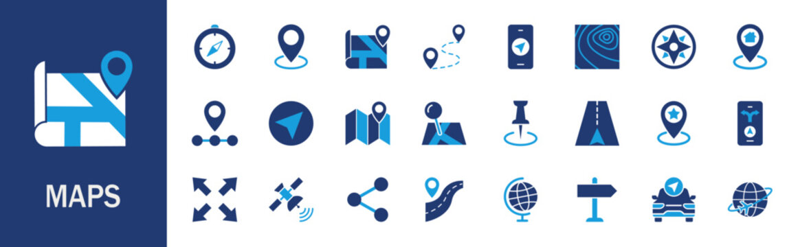 Maps icon set. Containing maps, location, GPS, navigation, city map, atlas, route, direction, pin, and more.