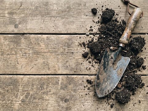 지저분한 흙과 낡은 모종삽