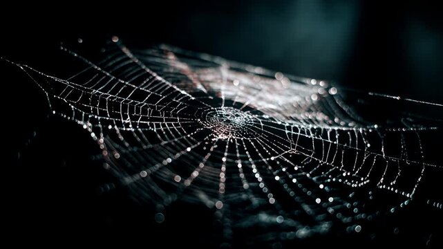 Intricate spider web glistening with dew drops in dark moody lighting. Macro view of a delicate spiderweb covered in tiny water droplets, shimmering with light