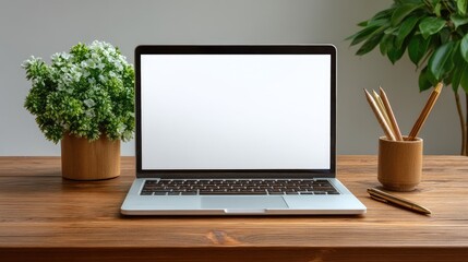 Fototapeta premium Modern workspace with laptop, green plant, wooden desk, stationery holder, and unobtrusive background for remote work, home office, and productivity themes