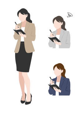 仕事中にメモを取る女性のイラスト素材 OL ビジネスパーソン スーツ 