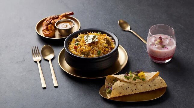 Aromatic lamb biryani served with side dishes and lassi reflecting a lavish and celebratory royal feast.