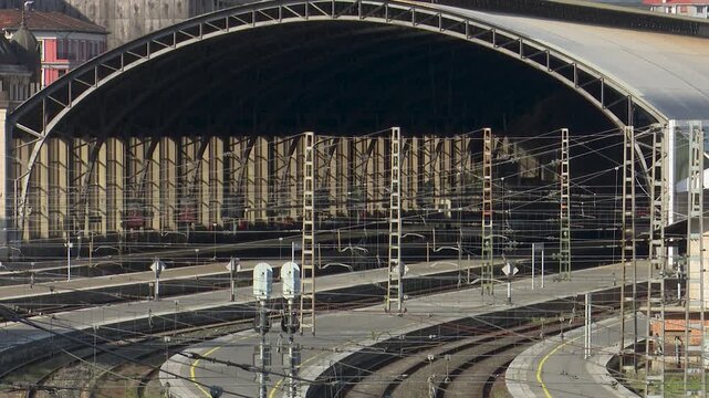 Empty railway tracks at abando train station in bilbao