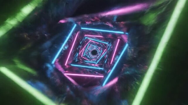 Abstract geometric tunnel with neon lights and a dark background, creating a futuristic and vibrant visual experience