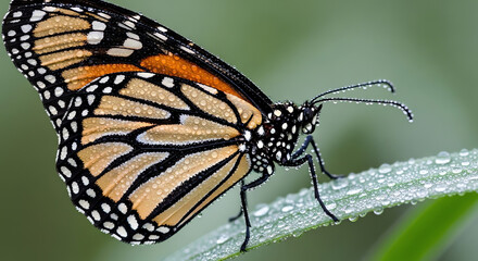 Fototapeta premium Monarch butterfly with water droplets on leaf