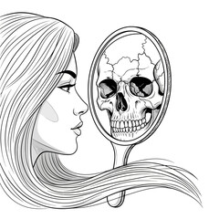 Woman Sees Skull Reflection in Mirror, Mortality, Vanity, Beauty, Death Concept