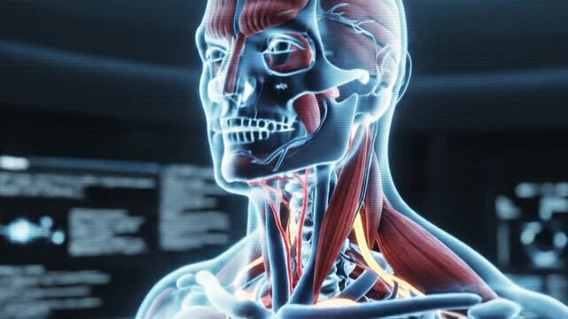 A detailed illustration of the human body skeletal structure, muscles and internal organs, displayed in a futuristic, digital environment