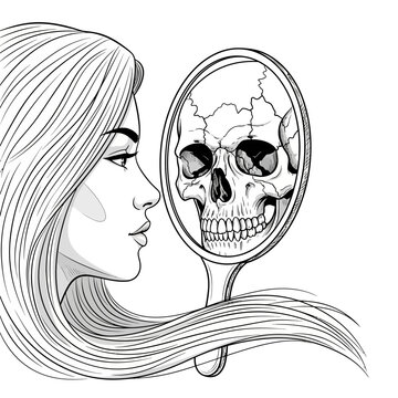 Woman Sees Skull Reflection in Mirror, Mortality, Vanity, Beauty, Death Concept