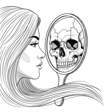 Woman Sees Skull Reflection in Mirror, Mortality, Vanity, Beauty, Death Concept