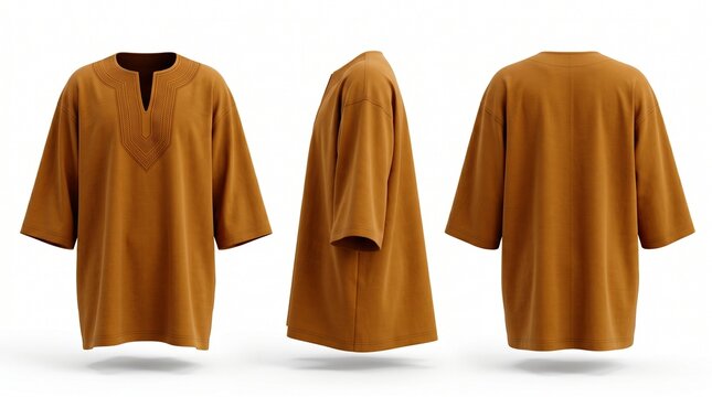 Mustard brown tunic shirt mockup showing front side and back views 3d render isolated on white background