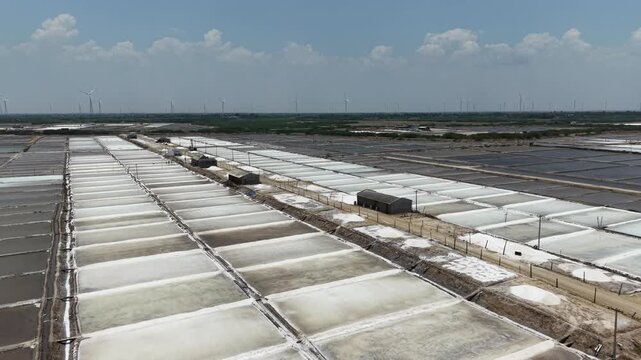 Aerial view of salt harvesting ponds over coastal India, crystal salt ponds.