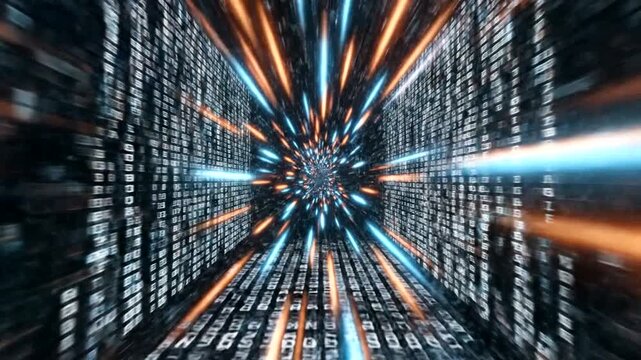 Abstract digital tunnel with vibrant blue and orange lights.