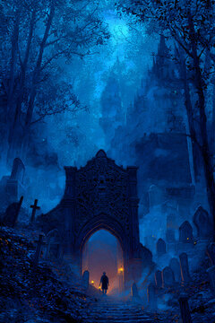 Dark fairytale cemetery with lantern bearer, skull archway and misty blue village mystery