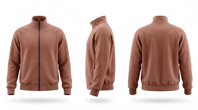 Brown zip up track jacket 3d render mockup showing front side and back views isolated on white background