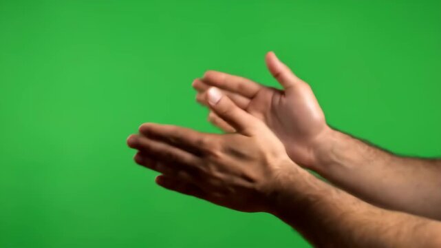 A man's hands clap together repeatedly against a bright green screen, perfect for chroma key effects and overlays.