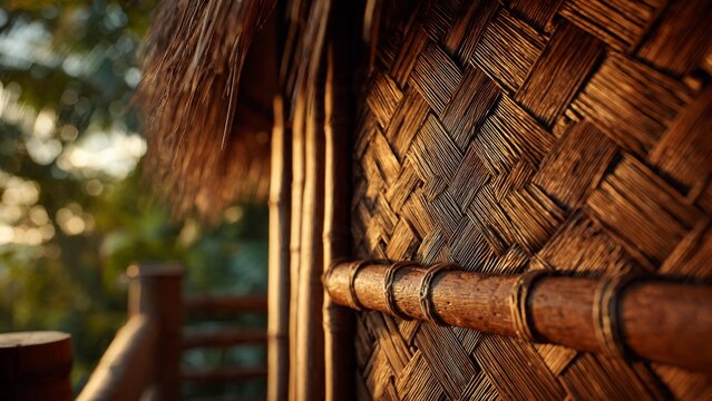 Traditional Woven Bamboo Wall and Thatched Roof at Sunset