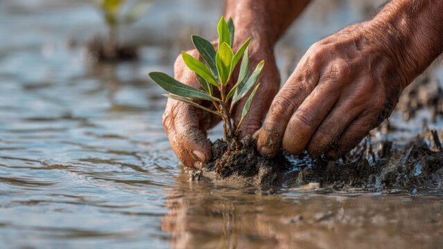 Hands Planting a Young Mangrove Sapling in Muddy Water