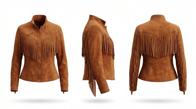 Brown suede western fringe jacket in front side and back views mockup isolated on white background