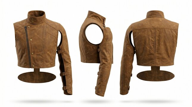 Brown leather asymmetrical one sleeve cropped jacket with straps shown in front side and back views 3D render isolated on white background