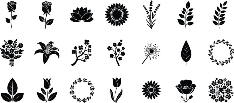 Collection of black silhouette floral and botanical on white background, flower rose lily sunflower
