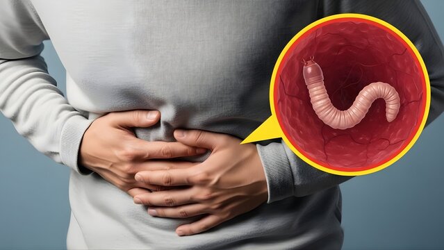 Human intestinal parasite infection concept, Patient suffering from digestive parasite infestation