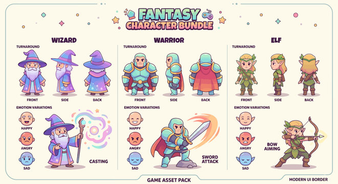 A comprehensive 2D fantasy character game asset bundle featuring a Wizard, Warrior, and Elf. The set includes complete character turnarounds (front, side, and back views), various emotion icons (happy