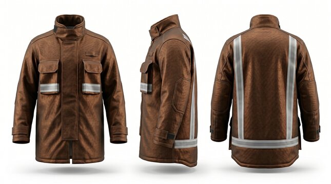 Brown firefighter turnout gear jacket with reflective stripes in front side and back views 3d render isolated on white background