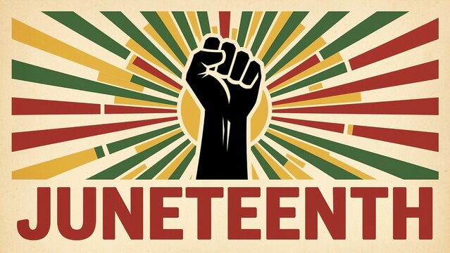Juneteenth graphic features a raised black fist against a sunburst background with retro colors to celebrate African American freedom and history.