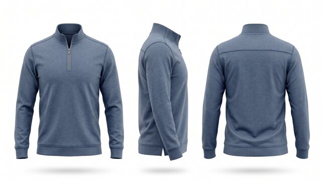 Men blue heathered quarter zip pullover sweatshirt mockup showing front side and back views isolated on white background