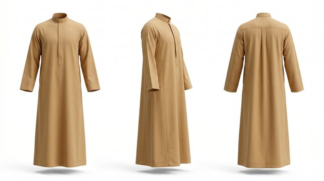 Beige traditional men thobe mockup showing front side and back views 3d render isolated on white background