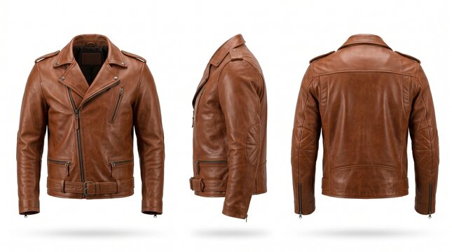 Brown leather motorcycle jacket in front side and back views isolated on white background