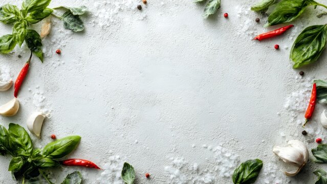 Fresh Culinary Herbs and Spices Frame on White Stone Background