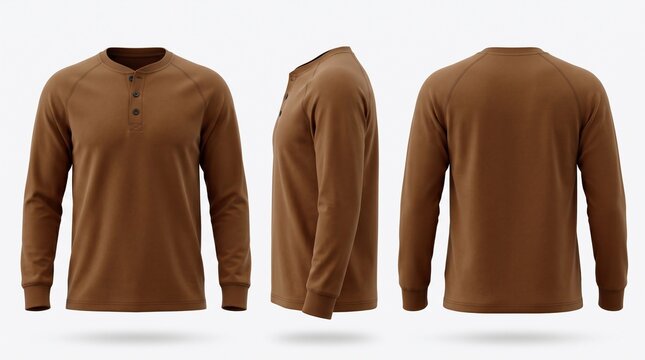 Brown long sleeve henley shirt 3d render mockup showing front side and back views isolated on white background