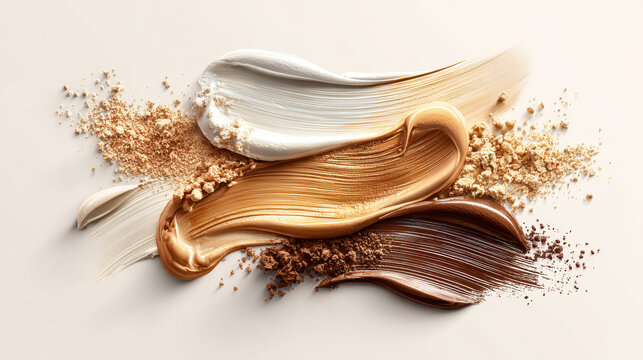 Cosmetics Swatches: Foundation, Powder, and Creamy Makeup Textures. This image showcases a variety of cosmetic textures, perfect for beauty and makeup advertising