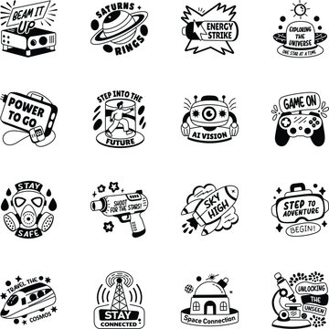 Set of Glyph Style Sci Fi Stickers 
