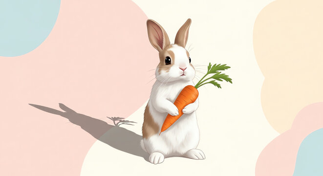 Rabbit holding carrot on pastel background