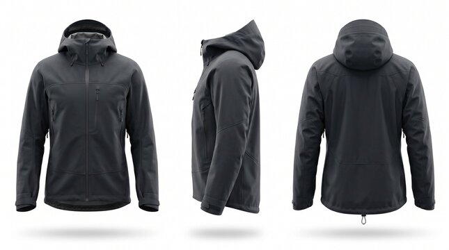 Dark grey hooded jacket mockup showing front side and back views isolated on white background