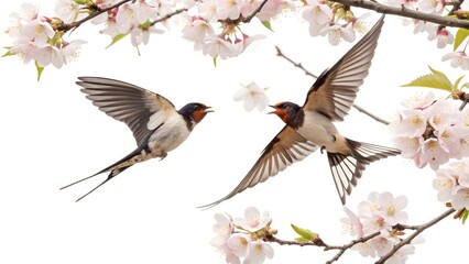 Fototapeta premium Swallows Amidst Cherry Blossoms: Two agile swallows in mid-flight, their wings spread wide, soar gracefully between delicate branches adorned with pale pink cherry blossoms.