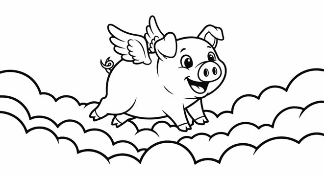 Cartoon flying pig line art vector, black and white outline illustration with clouds, cute whimsical farm animal doodle for kids books, logos, decals