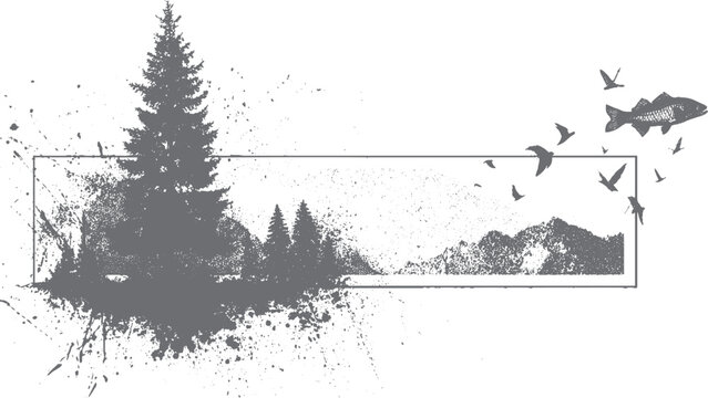 Grayscale tree illustration with rough grunge effect on gray background and natural weathered bark surface