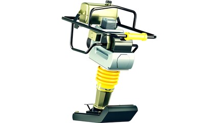 Fototapeta premium A powerful digital yellow robotic excavator toy stands as an isolated technology object on a white background, featuring electric light and camera equipment for video photography